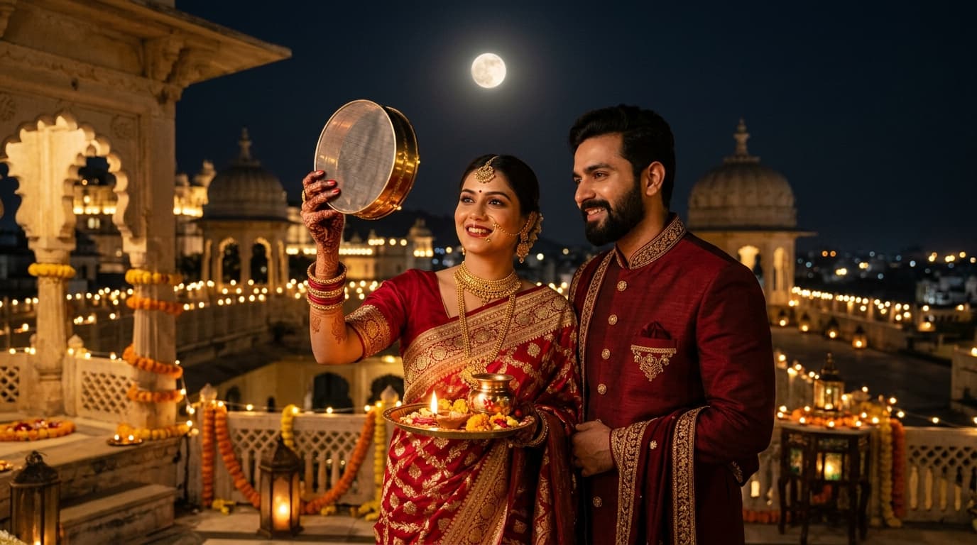 Karwa Chauth Moon Sieve Couple Romantic Portrait AI Prompt (Midjourney & DALL-E)