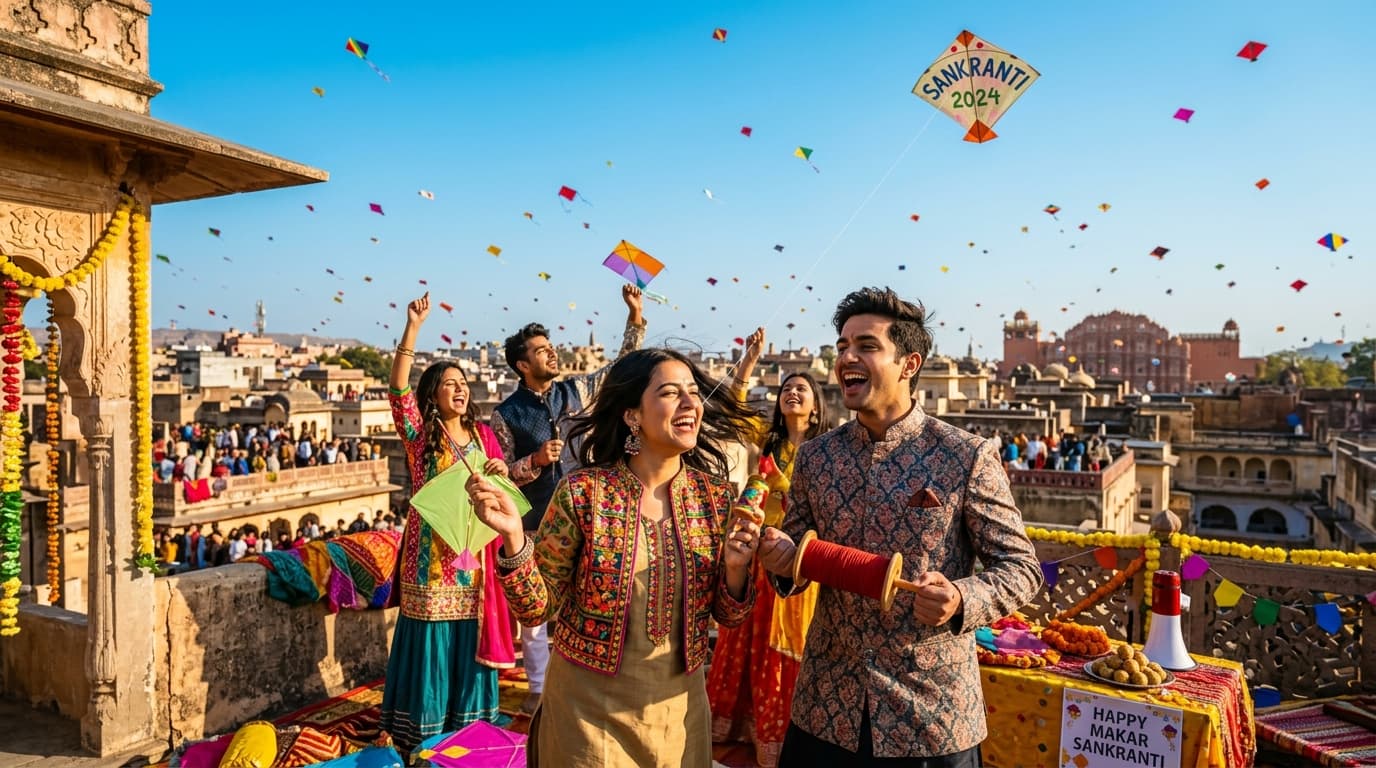 Makar Sankranti & Uttarayan Rooftop Kite Festival AI Photo Prompt (Bing & Copilot)
