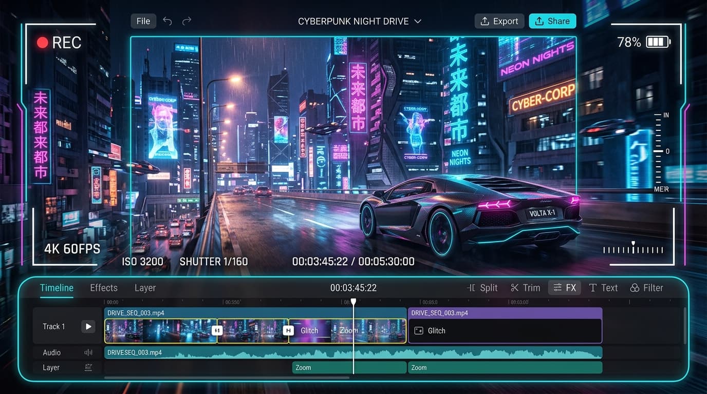 Cyberpunk Night Drive VN Video Editor Code & 3D Glitch Template